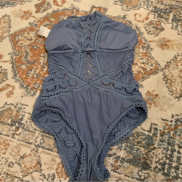 Becca by Rebecca Virtue periwinkle blue crochet halter tie one piece swimsuit π©΅ - Picture 9 of 16